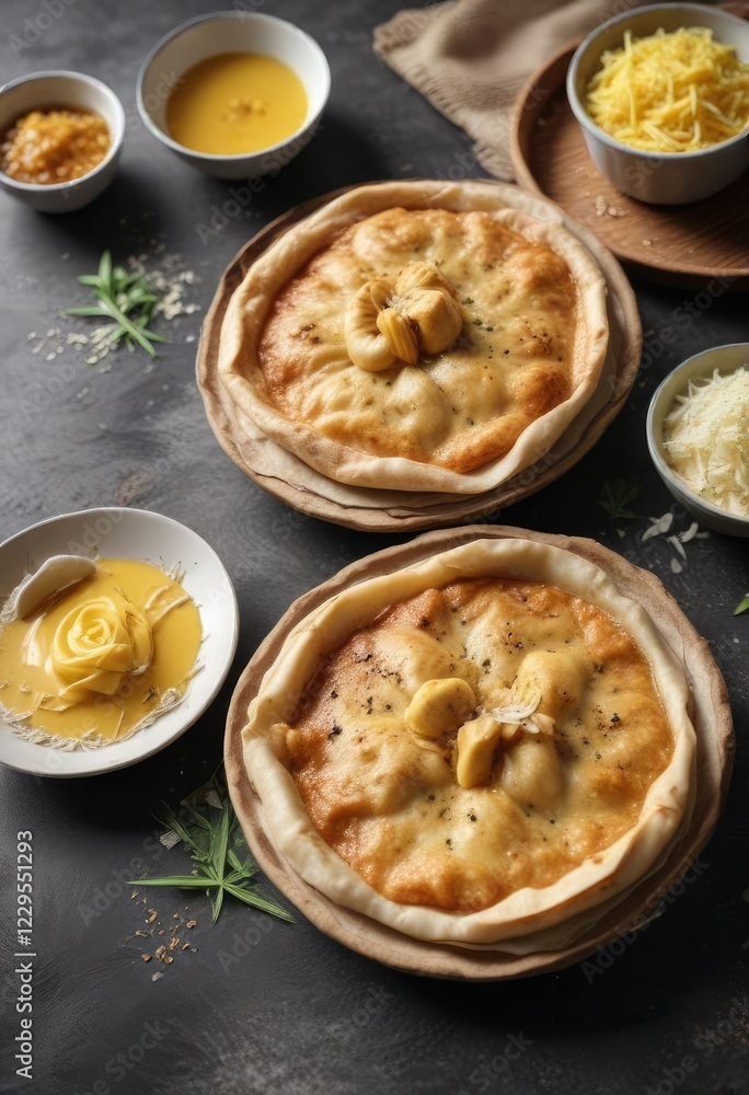 Roti Canai with butter sauce and sprinkled with grated coconut flakes, indian flatbread, malaysian cuisine Roti Canai with butter sauce and sprinkled with grated coconut flakes, indian flatbread, malaysian cuisine