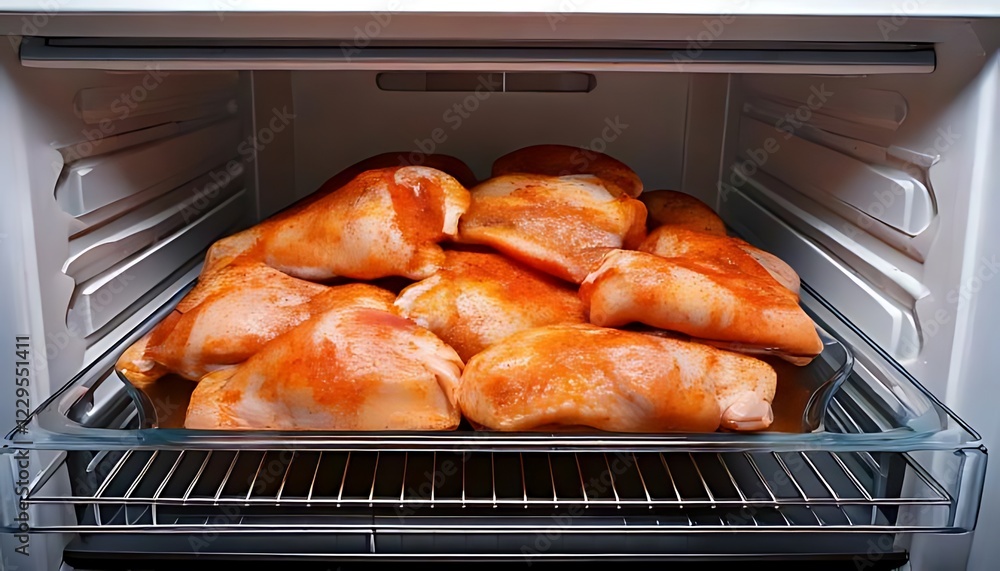 Fototapeta premium Marinated chicken rests in the refrigerator, ready to cook
