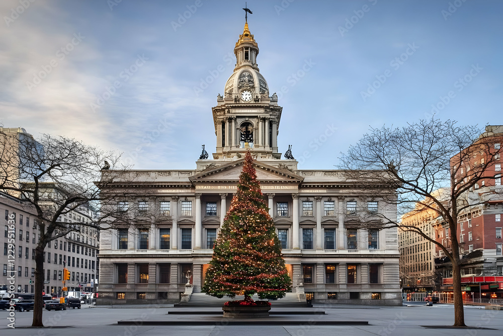 Obraz premium Grand Building Displays Festive Christmas Tree with Ornate Architecture at Dusk