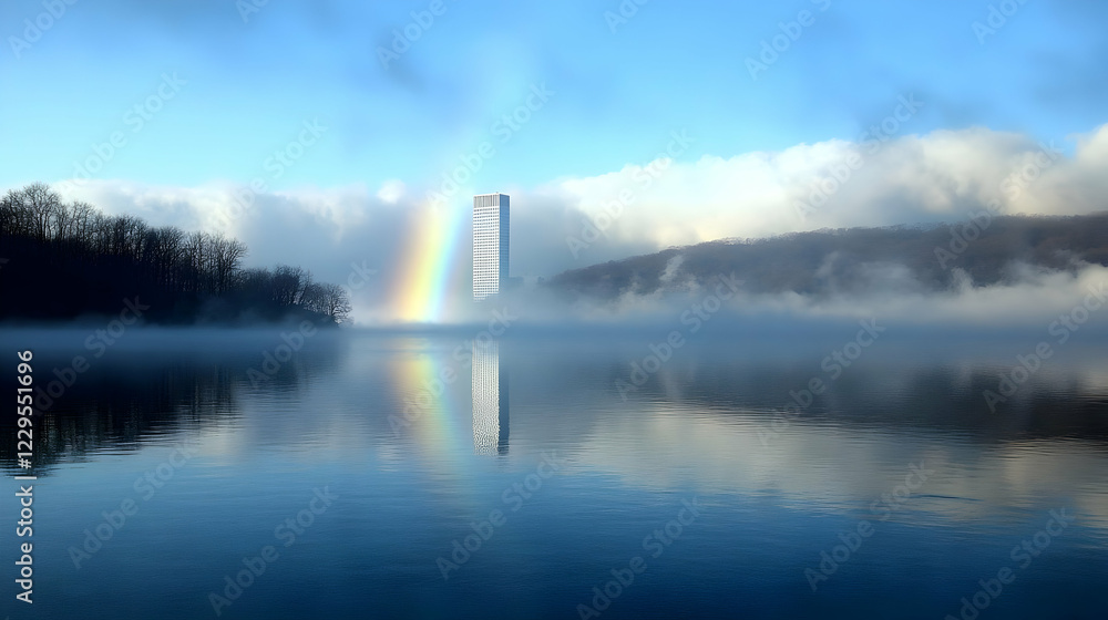 Fototapeta premium Rainbow Appears Over a Skyscraper Reflected in a Misty Lake with Trees and Clouds