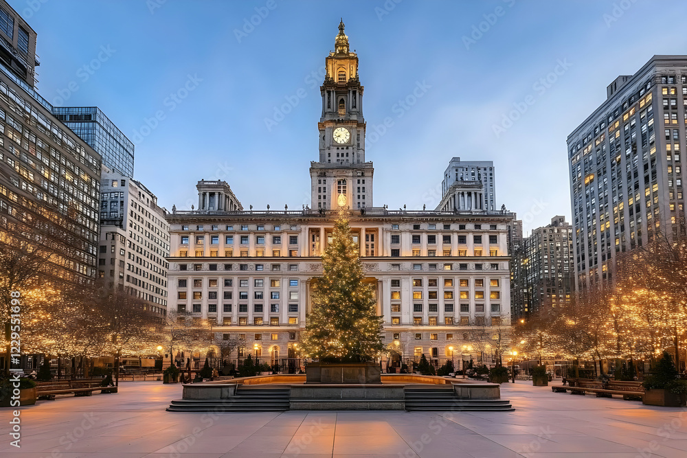 Fototapeta premium Grand Clock Tower Building Illuminates with Christmas Tree at Dusk, Cityscape View.