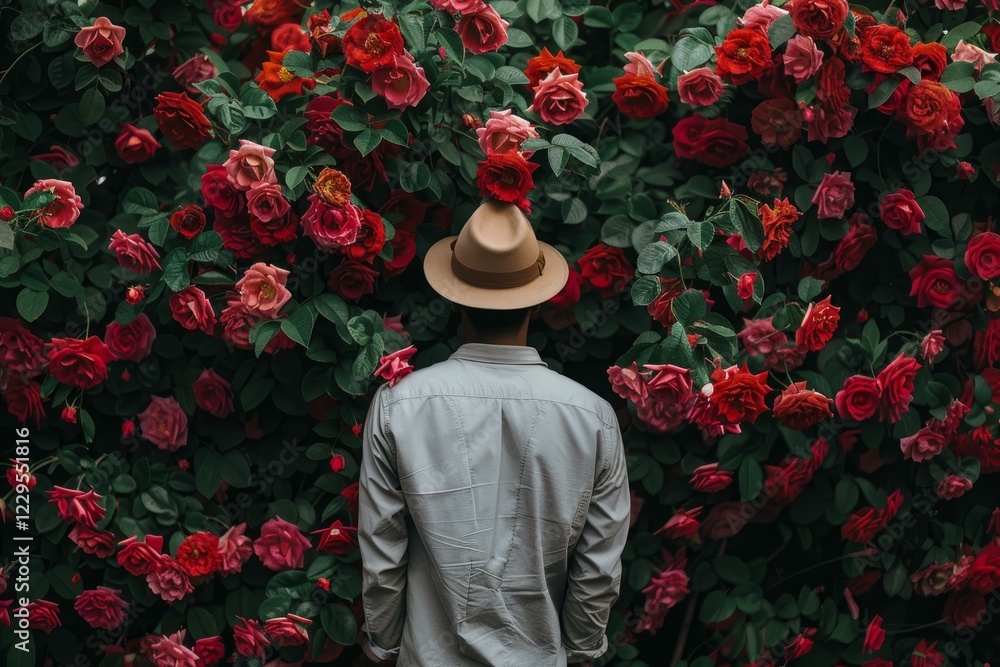 Obraz premium Gardener wearing hat standing back in front of red and pink roses wall