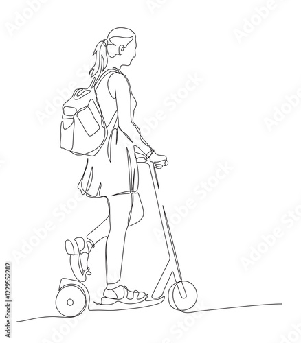 Young woman with backpack riding push scooter. Continuous line drawing. Black and white vector illustration in line art style.