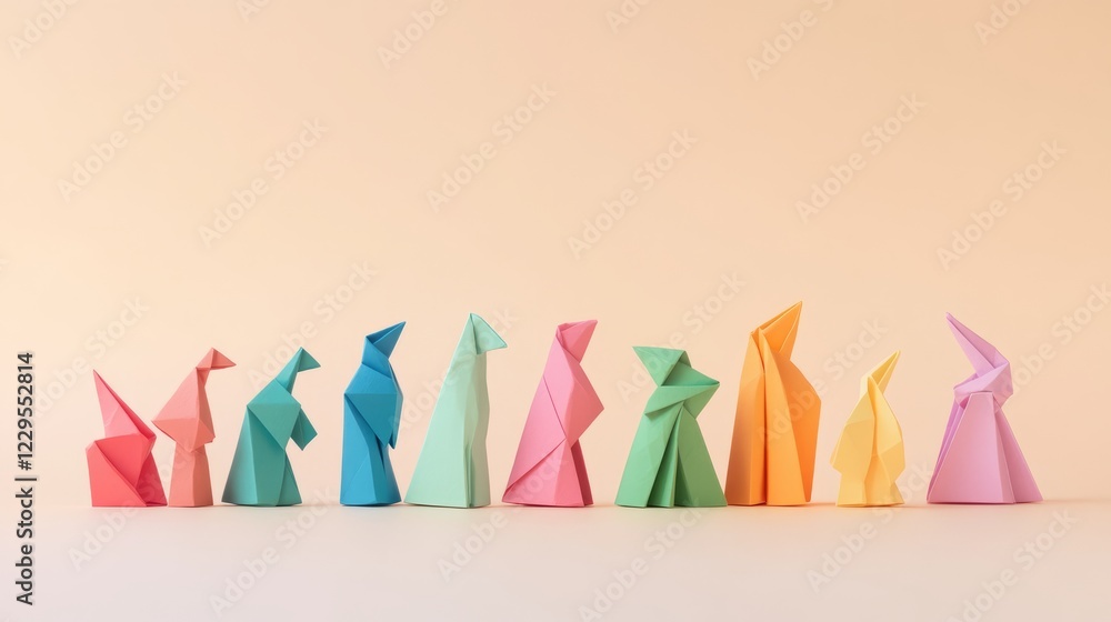 A row of origami animals are lined up in a row. The animals are of different colors and sizes A row of origami animals are lined up in a row. The animals are of different colors and sizes