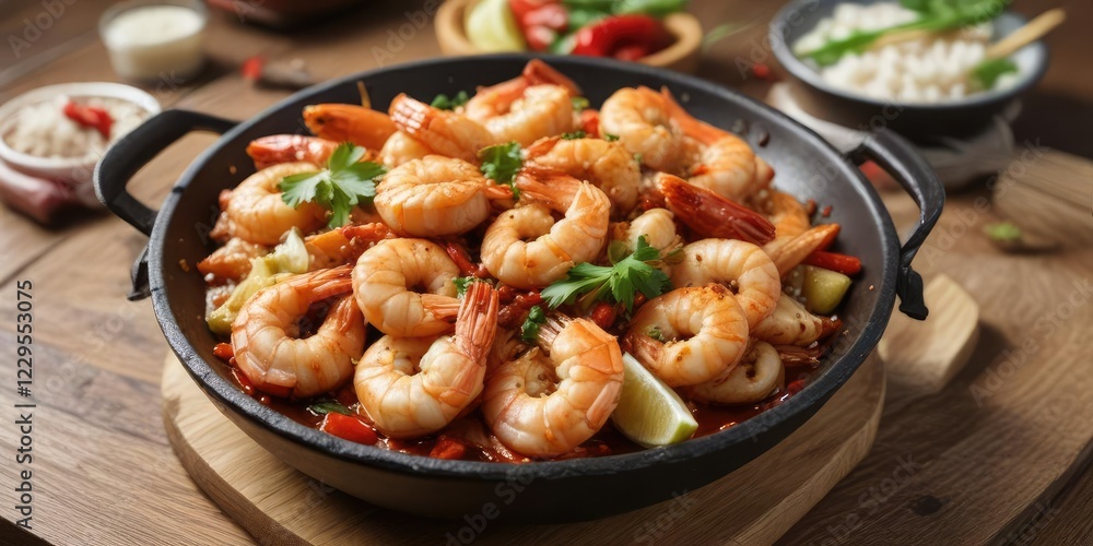 Selective focus on wok-fried prawns with garlic and chili on wooden table, close-up shot, culinary creation, spicy prawns, seafood dish, cooking pot Selective focus on wok-fried prawns with garlic and chili on wooden table, close-up shot, culinary creation, spicy prawns, seafood dish, cooking pot