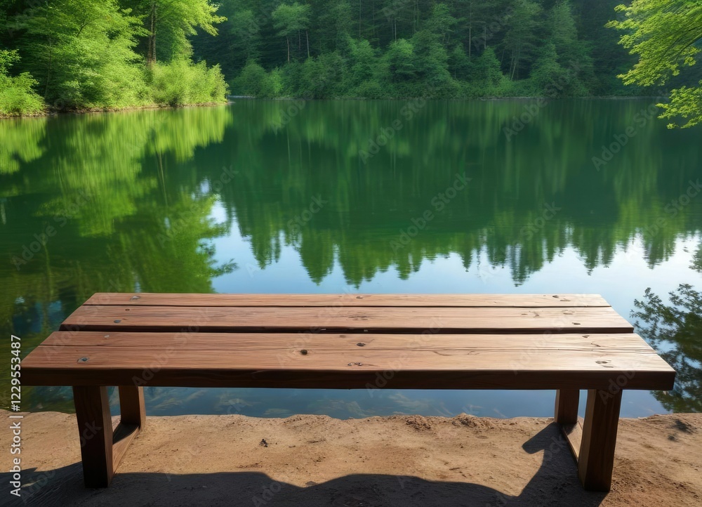 Serene green lake reflected in the wooden bench , reflection, tranquil, nature Serene green lake reflected in the wooden bench , reflection, tranquil, nature