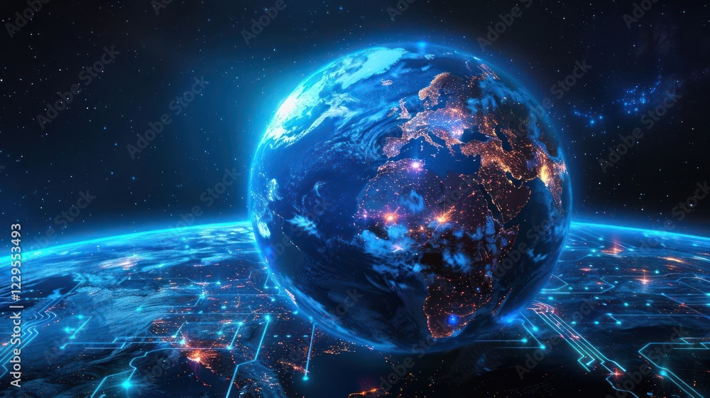 Obraz premium Stunning view of Earth from space at night, showcasing illuminated cities and technology overlay