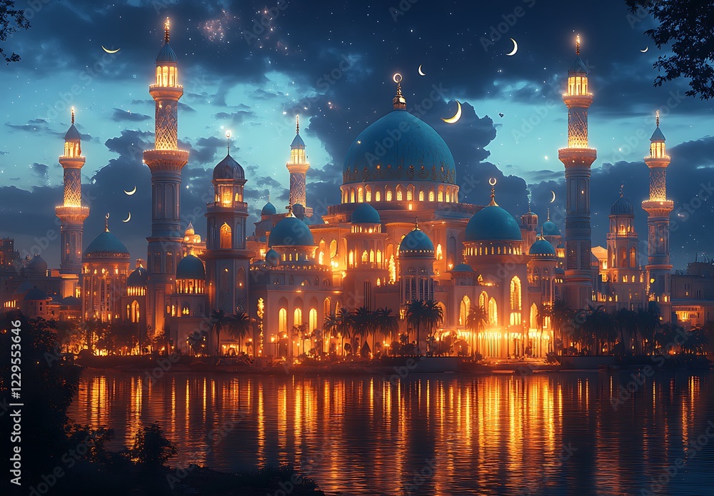 Obraz premium Illuminated Fantasy Palace with Domes and Spires by Lake at Twilight with Crescent Moons
