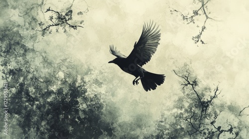A black bird flying in the sky. The bird is flying in front of a tree. The sky is cloudy