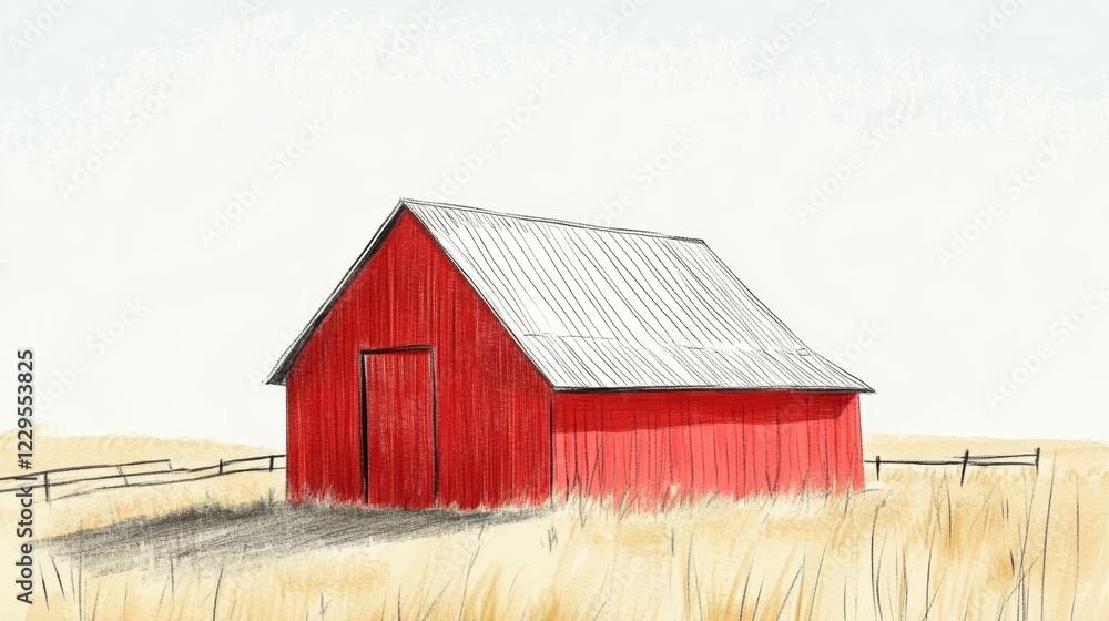 Obraz premium A red barn with a white roof sits in a field. The barn is the focal point of the image, and the field around it is empty and peaceful. The red color of the barn