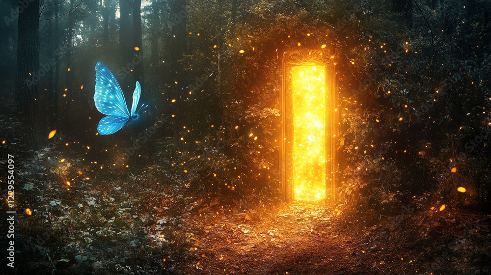 Obraz premium Magical Fantasy Forest Portal Glowing Butterfly Blue Orange Fire Dark Path Light Fairy Night Trees