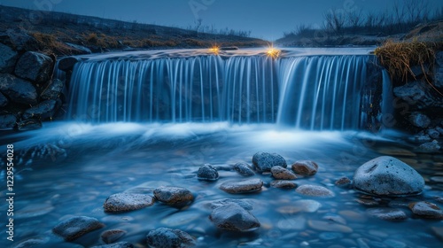 Serene waterfall cascading over rocks at dusk, with gentle ripples reflecting twilight hues