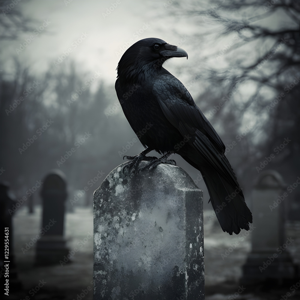Fototapeta premium Crow on a gravestone in a cemetery 