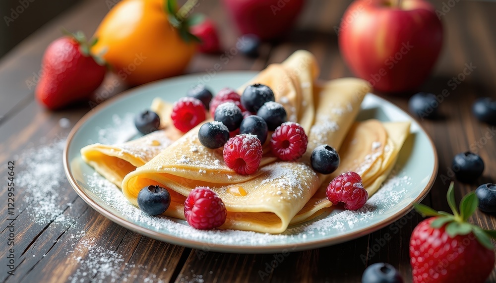 Crepes with Berries and Powdered Sugar on Wooden Surface Crepes with Berries and Powdered Sugar on Wooden Surface