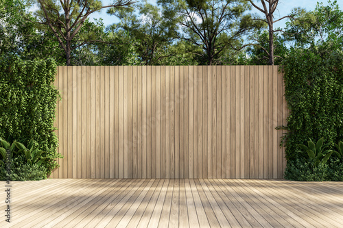 Fototapeta Naklejka Na Ścianę i Meble -  Modern contemporary empty wooden terrace with blank plank wall for copy space 3d render surrounded by green nature