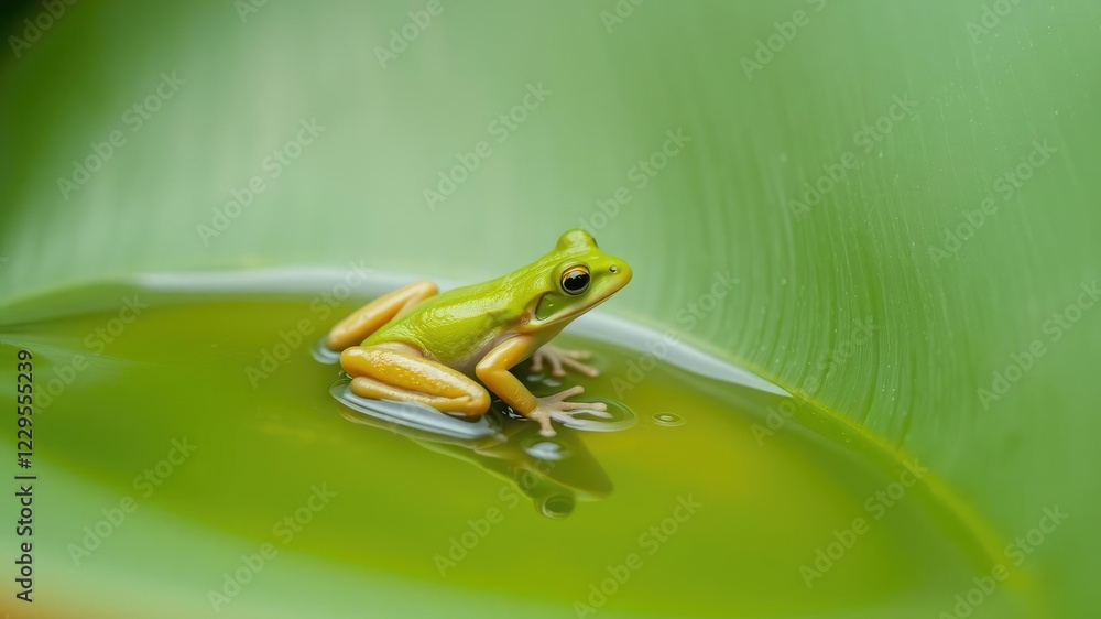 Small, delicate green frog sitting on the edge of a small pool of water within a palm, with its legs stretched out and a few water droplets on its skin, natural setting, green frog, pond creatures Small, delicate green frog sitting on the edge of a small pool of water within a palm, with its legs stretched out and a few water droplets on its skin, natural setting, green frog, pond creatures