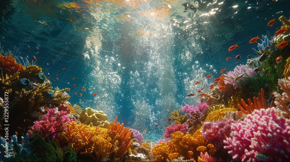 Fototapeta premium Vibrant underwater scene showcasing diverse coral reefs and colorful fish in a sunlit ocean