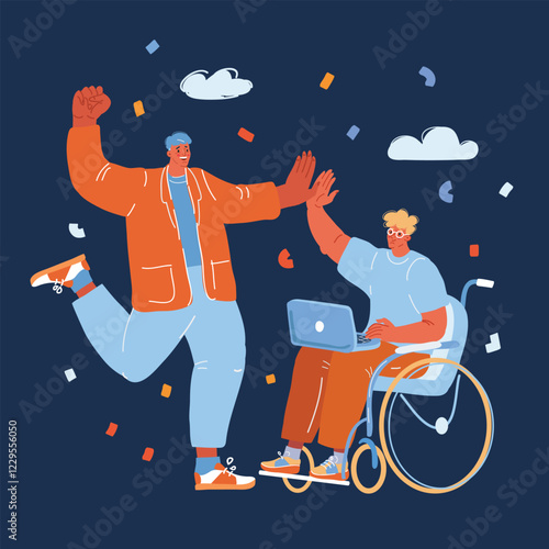 Cartoon vector illustration of man in wheelchair give his five to friend over dark background