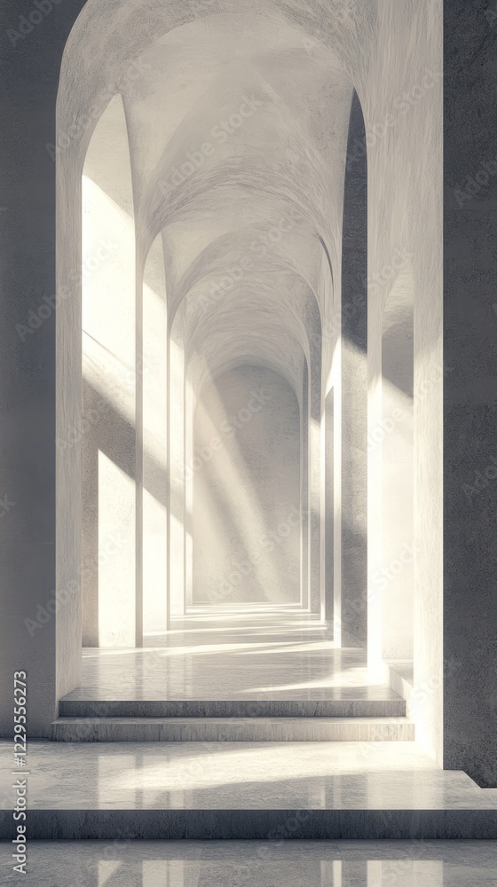 A serene, sunlit corridor with arched ceilings showcasing minimalist architecture in soft neutral tones. A serene, sunlit corridor with arched ceilings showcasing minimalist architecture in soft neutral tones.