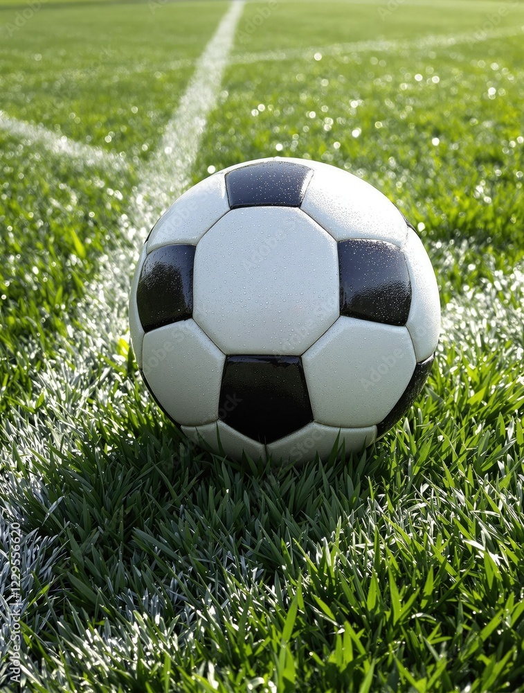 Fototapeta premium Soccer ball on a wet grass field with chalk drawn lines around it in the background, outdoor sports, soccer ball