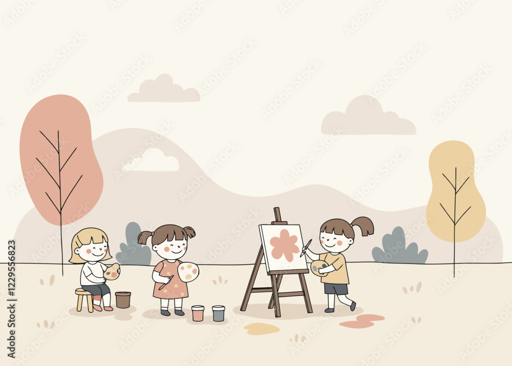Fototapeta premium Illustration of children painting outdoors in nature, soft pastel colours