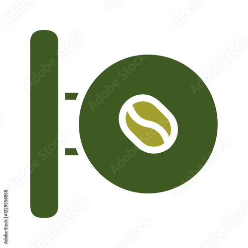 Green coffee shop sign with bean graphic in white