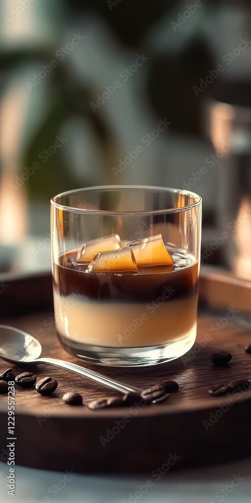 Glass of Japanese Kohi Jelly, elegantly layered with translucent brewed coffee jelly and smooth, chilled coffee. A blurred background of a traditional Japanese cafe Glass of Japanese Kohi Jelly, elegantly layered with translucent brewed coffee jelly and smooth, chilled coffee. A blurred background of a traditional Japanese cafe