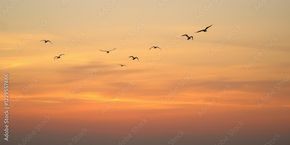 Softly fading orange hues across the sky with gentle wisps of clouds and a few scattered seagulls flying overhead, peaceful ambiance, calming scene, natural scenery Softly fading orange hues across the sky with gentle wisps of clouds and a few scattered seagulls flying overhead, peaceful ambiance, calming scene, natural scenery