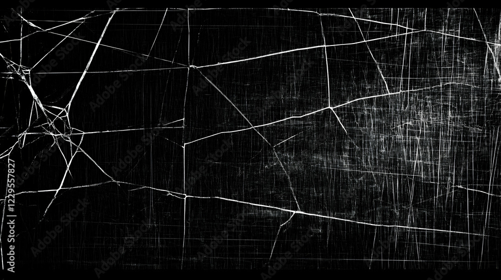 Naklejka premium Cracked Glass Texture Displays Shattered Surface with White Lines on Black Background Abstractly