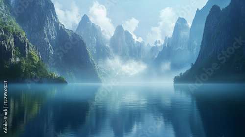 Serene Misty Mountain Lake Landscape Peaceful Nature Scenic View Sky Art Calm Blue Green Water Rocks
