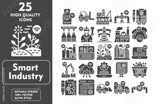 Smart industry glyph editable icon set. Containing gas tank, forklift, oil platform, gas pipeline, report, bottling, engineer, transmission tower and more. Vector illustration icons