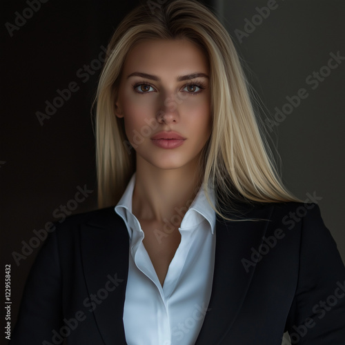 Professionelles Business-Portrait einer Person mit blonden Haaren und natürlichem Lächeln. Schwarzer Blazer, weiße Bluse. Moderne Corporate-Aufnahme mit Tiefe photo