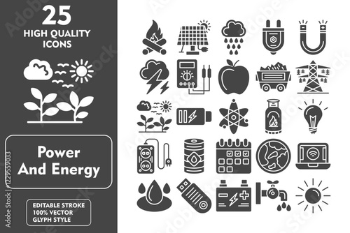 Power and energy glyph editable icon set. Containing bonfire, battery, world, wifi, water, usb, tap, sun, solar panel, rain, plug, magnet and more. Vector illustration icons