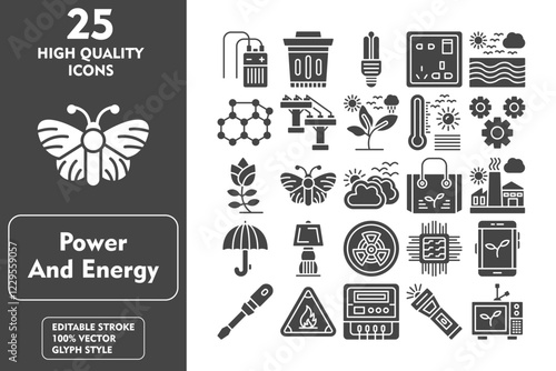 Power and energy glyph editable icon set. Containing capacitor, bin, fluorescent light, socket, water waves, molecule, electric pole and more. Vector illustration icons