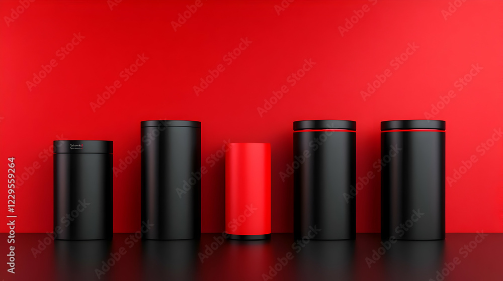 Five sleek cylindrical containers stand against a vibrant red backdrop on a reflective black surface. Five sleek cylindrical containers stand against a vibrant red backdrop on a reflective black surface.