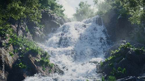 Serene Waterfall Nature Scene Lush Green Forest Tranquil Water Flowing Rocks Sunlight Peaceful      