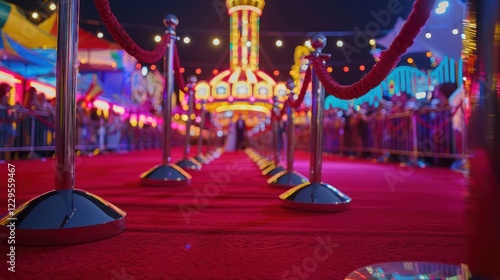 A vibrant carnival scene featuring a red carpet leading to a colorful illuminated funfair at night photo