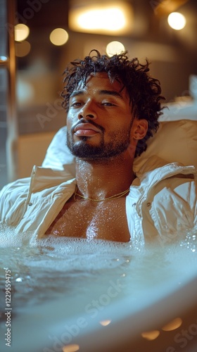 A striking multiethnic man reclines in a tranquil hot tub, enjoying the calming bubbles. Soft lights illuminate his relaxed expression, creating a serene atmosphere perfect for unwinding