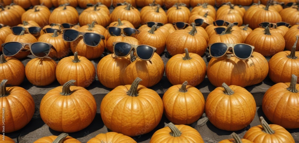 Pumpkins with sunglasses arranged in a naturalistic pattern, botanical arrangement, sunglasses Pumpkins with sunglasses arranged in a naturalistic pattern, botanical arrangement, sunglasses