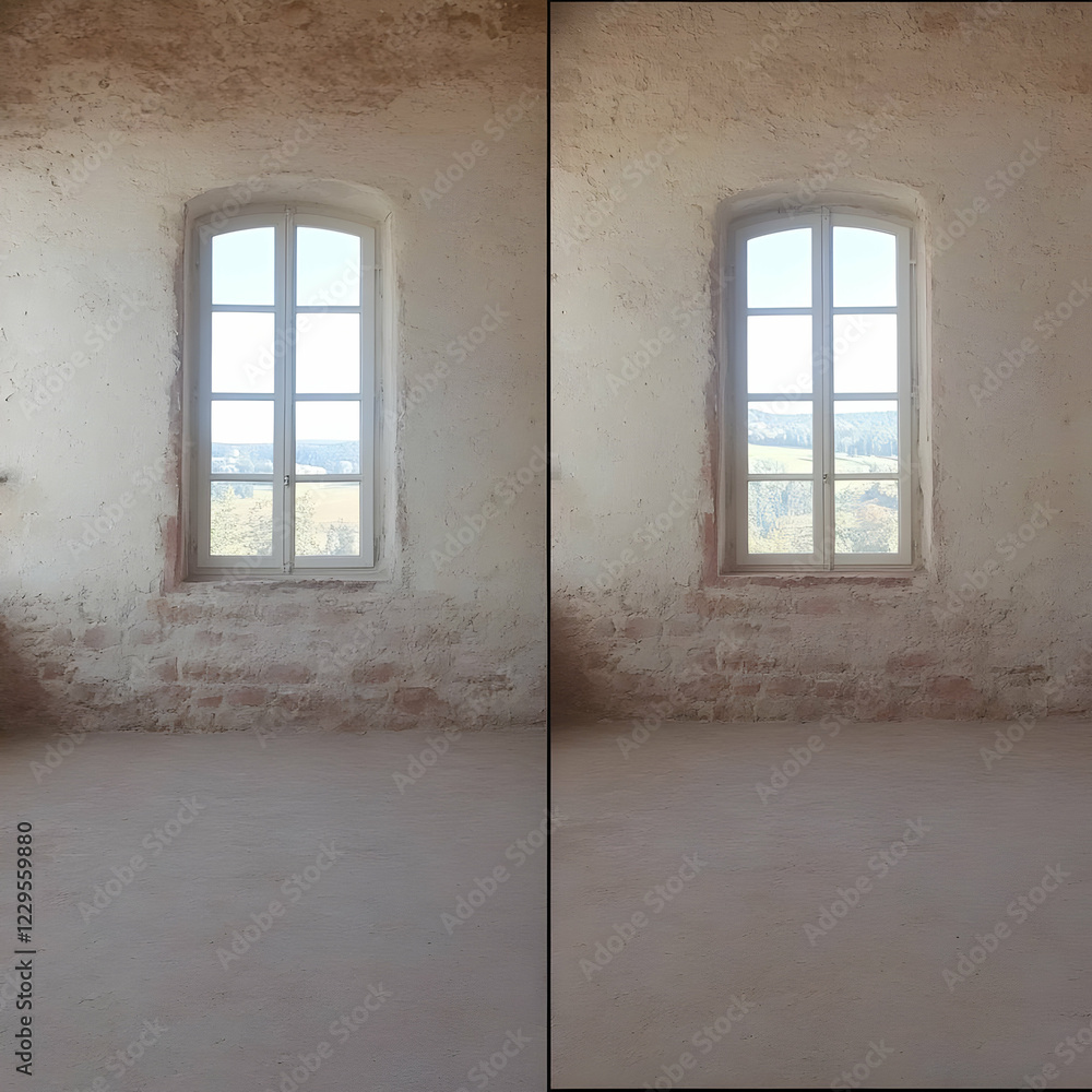 Two White Windows in Textured Walls, Illuminating Empty Room Space Two White Windows in Textured Walls, Illuminating Empty Room Space