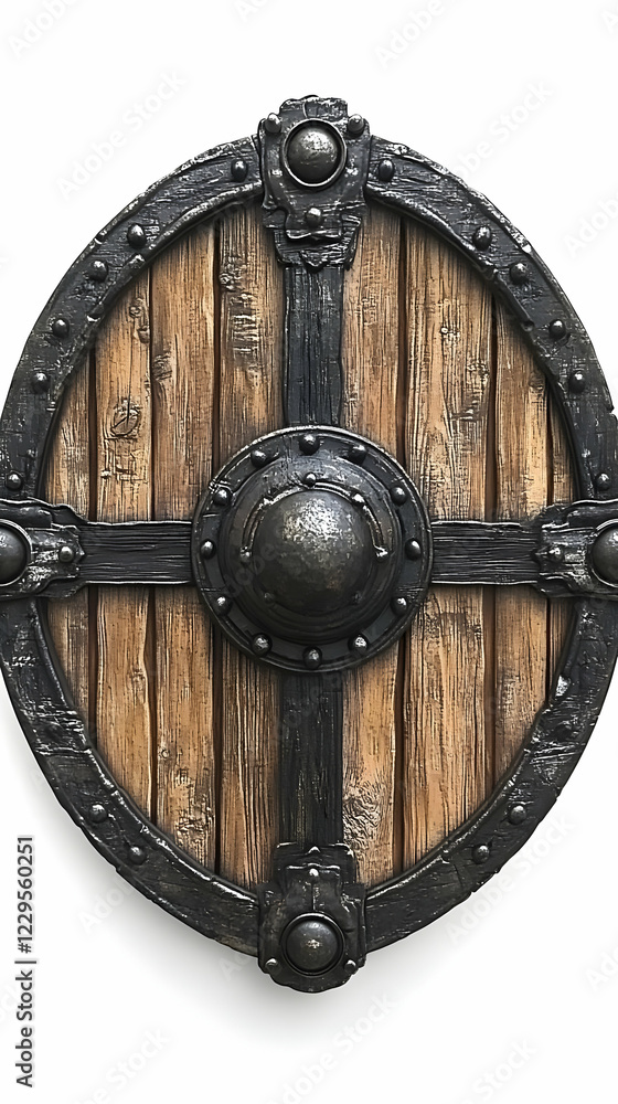 Fototapeta premium Wooden Round Shield with Metal Frame and Boss Isolated on White Background