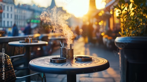 smoking area with outdoor seating in a cafe, small round tables with ashtrays on each table, city view background with pedestrians passing by, photo