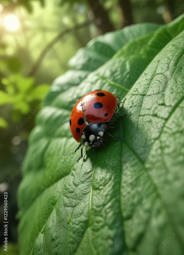 Red ladybug on a large green leaf in the forest, plant, large green leaf, tiny creature Red ladybug on a large green leaf in the forest, plant, large green leaf, tiny creature
