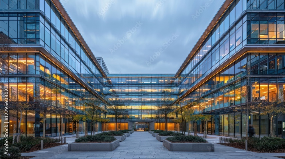 Fototapeta premium Modern glass office building courtyard at dusk with illuminated interiors and cloudy sky