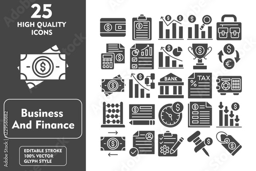 Business and finance glyph editable icon set. Containing wallet, clipboard, stats, data analysis, briefcase, accounting, report, pie chart and more. Vector illustration icons