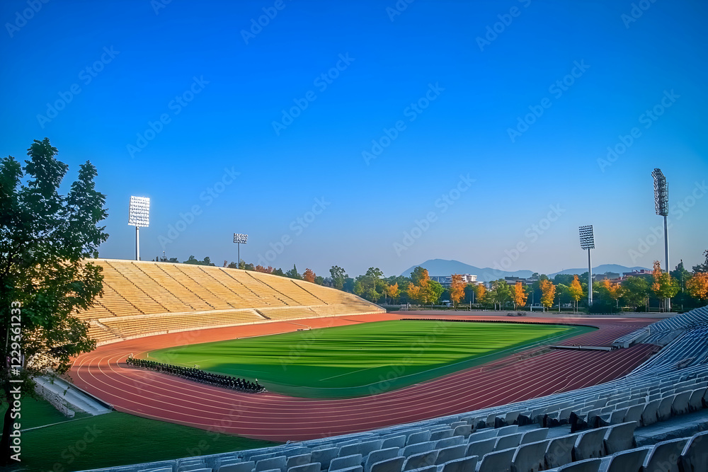 Obraz premium Empty stadium stands overlook a green playing field and track with bright stadium lights and a clear blue sky.