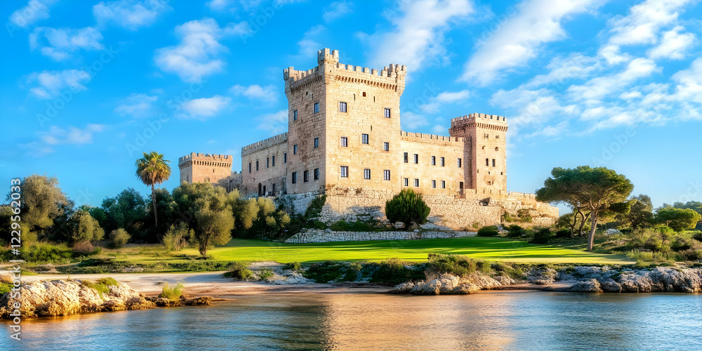 Fototapeta premium Majestic Castle Stands Serenely by the Tranquil Lakeside with Lush Greenery and Blue Sky