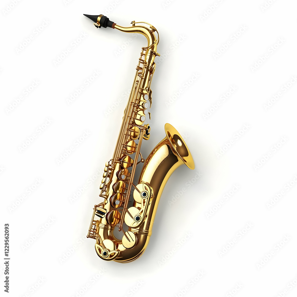 Naklejka premium Shiny Gold Saxophone Rests on White Background, Ready to Play a Jazzy Tune