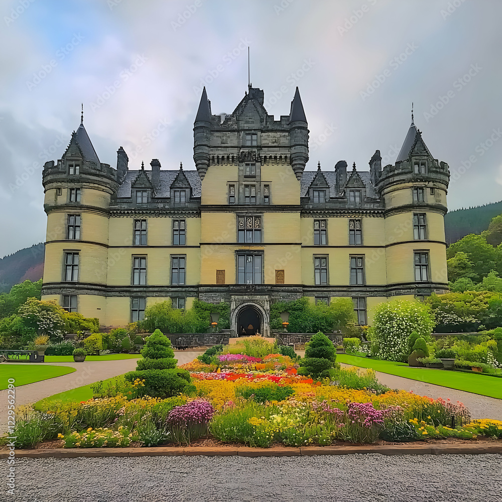 Fototapeta premium Stately Castle Stands Majestically Amidst Vibrant Flower Gardens Under a Cloudy Sky.
