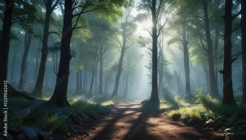 Obraz premium Scene with blue light filtering through trees, ethereal, night